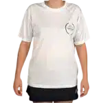 T-shirt French Padel Shop blanc modèle femme pour afficher fièrement vos couleurs sur les terrains de padel