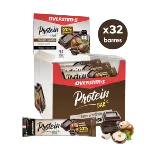 CARTON DE 32 BARRES PROTEINEES OVERSTIMS CHOCOLAT NOISETTES