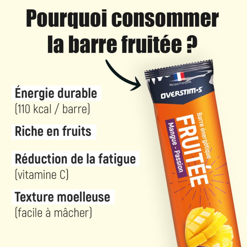 Barre énergétique fruitée Overstims mangue-passion. Riche en fruits, réduit la fatigue et avec une texture moelleuse.