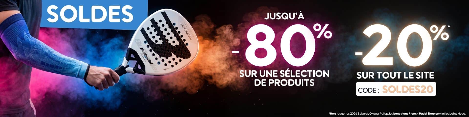 Soldes été padel jusqu’à -80% sur sélection de raquettes de padel ou -20% sur tout le site