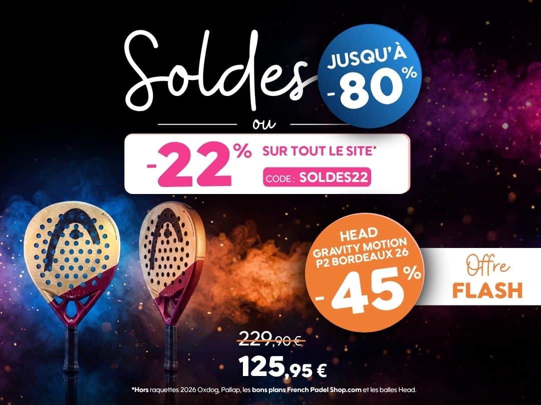Promotions padel : jusqu'à -80%, -22% avec SOLDES22 et raquette Head Motion P2 Bordeaux 26 à -45%.