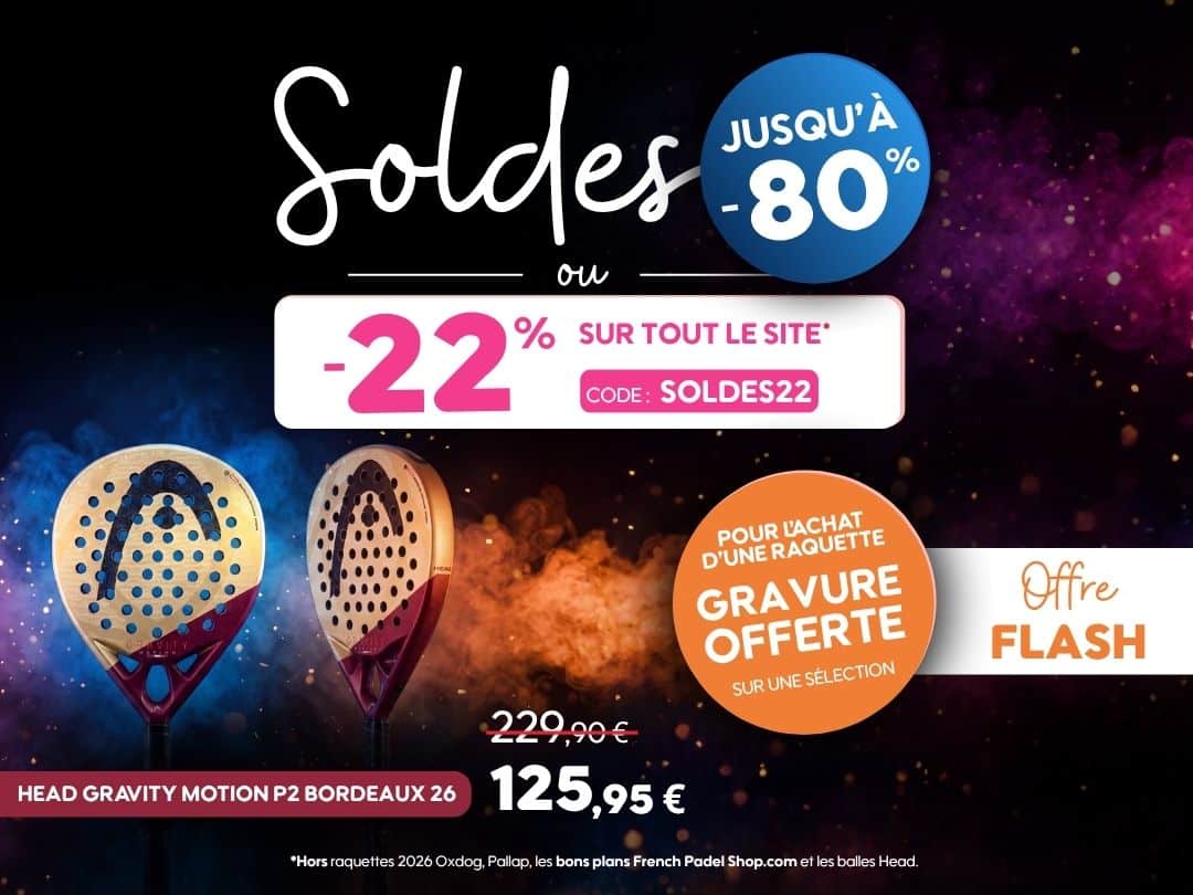 Promotions padel : jusqu'à -80%, -22% avec SOLDES22 et raquette Head Motion P2 Bordeaux 26 à -45%.