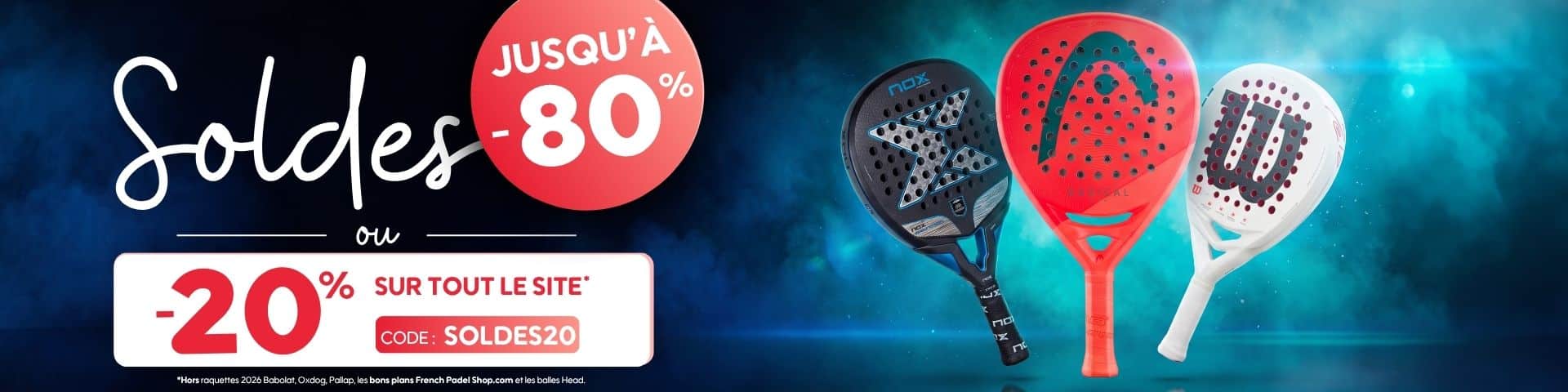 Soldes été padel jusqu’à -80% sur sélection de raquettes de padel ou -20% sur tout le site